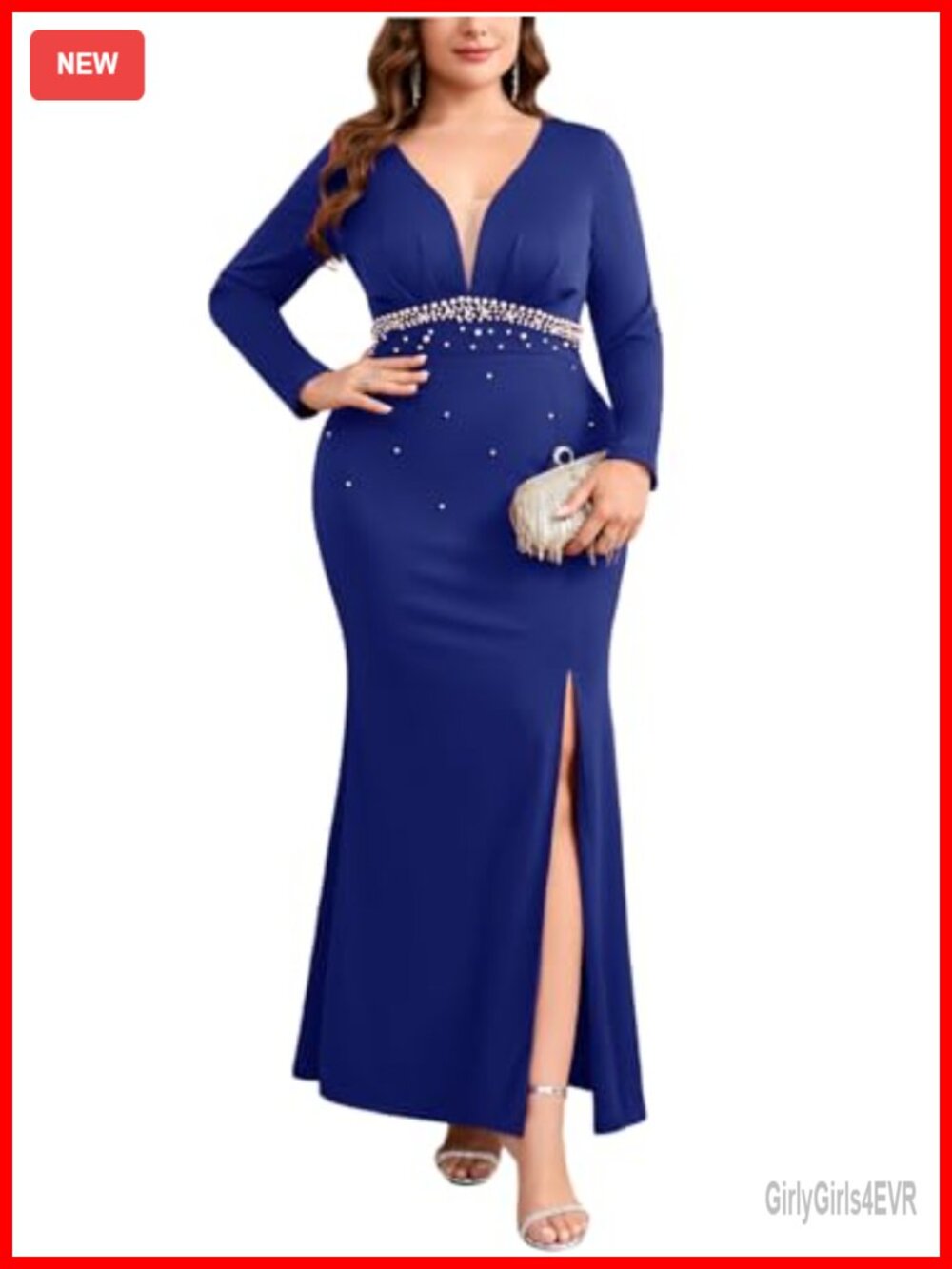 Plus Size Formal Maxi Dress Long Sleeve Deep V-Neck Mermaid Pearl Beaded